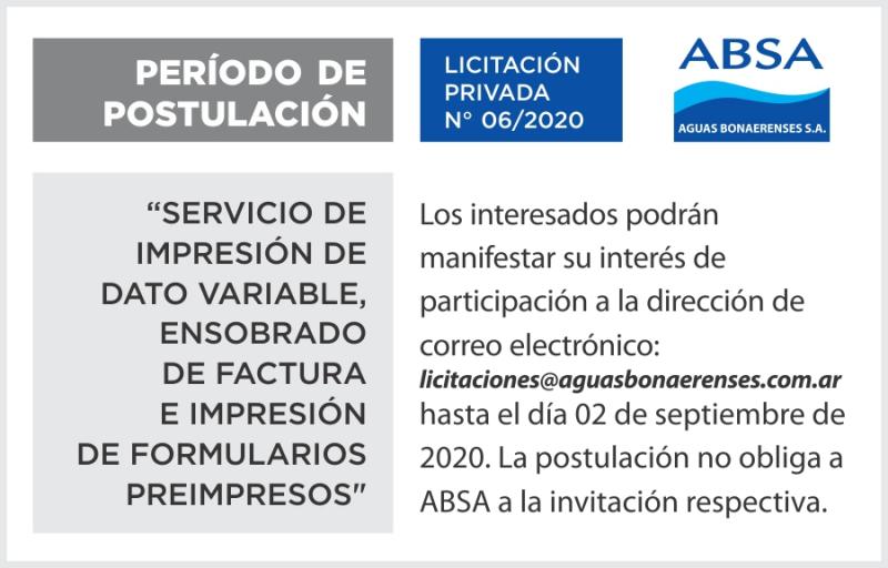  Perí­odo de Postulación - Licitación Privada N° 06/2020: Servicio de Impresión de dato variable, ensobrado de factura e impresión de formularios preimpresos