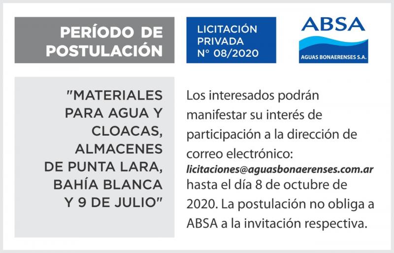 Período de postulación- Licitación Privada N° 08/2020: Adquisición de materiales para agua y cloacas, almacenes de Punta Lara, Bahía Blanca y 9 de Julio