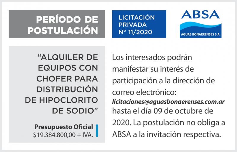 Período de Postulación Licitación Privada N° 11/2020: Alquiler de equipos con chofer para distribución de hipoclorito de sodio
