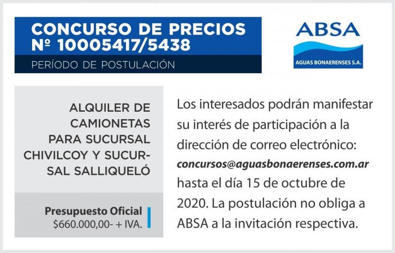 Concurso de precios N° 10005417/5438: Alquiler de camionetas para Sucursal Chivilcoy y Sucursal Salliqueló