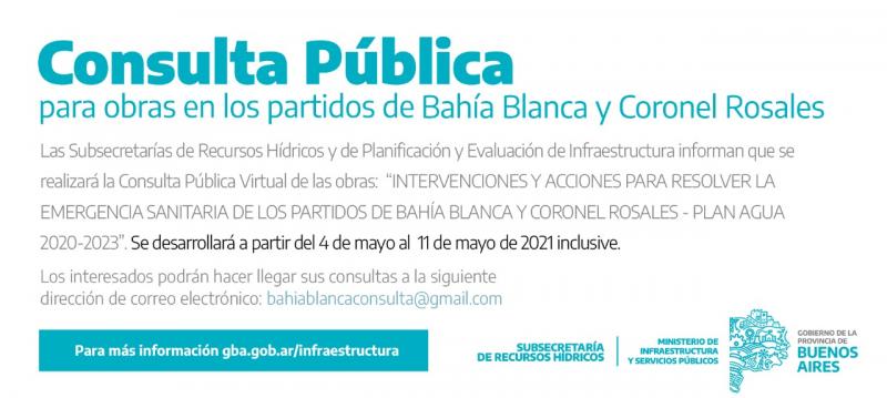 Llamado a consulta pública para obras en los partidos de Bahía Blanca y Coronel Rosales