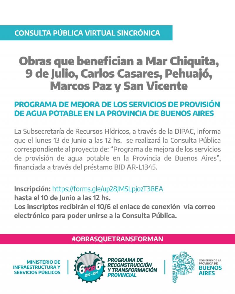 Llamado a Consulta Pública sincrónica por obras de provisión de agua