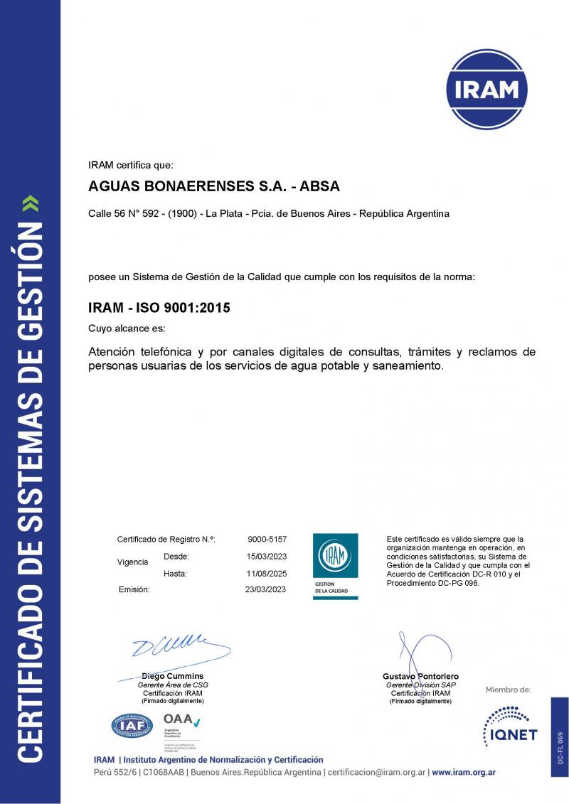 ABSA revalidó la certificación ISO 9001