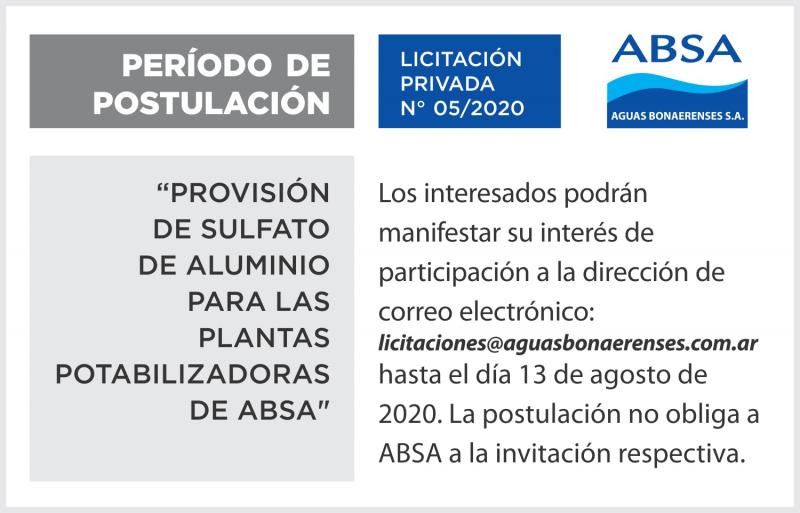 Período de postulación -Licitación Privada N° 05/2020: Provisión de Sulfato de Aluminio para las Plantas Potabilizadoras de ABSA