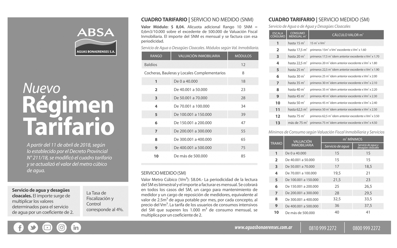 A partir del 11 de abril de 2018 comenzará a regir el nuevo cuadro tarifario