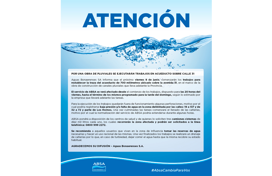 La Plata - Por una obra de pluviales se ejecutarán trabajos en acueducto sobre calle 31